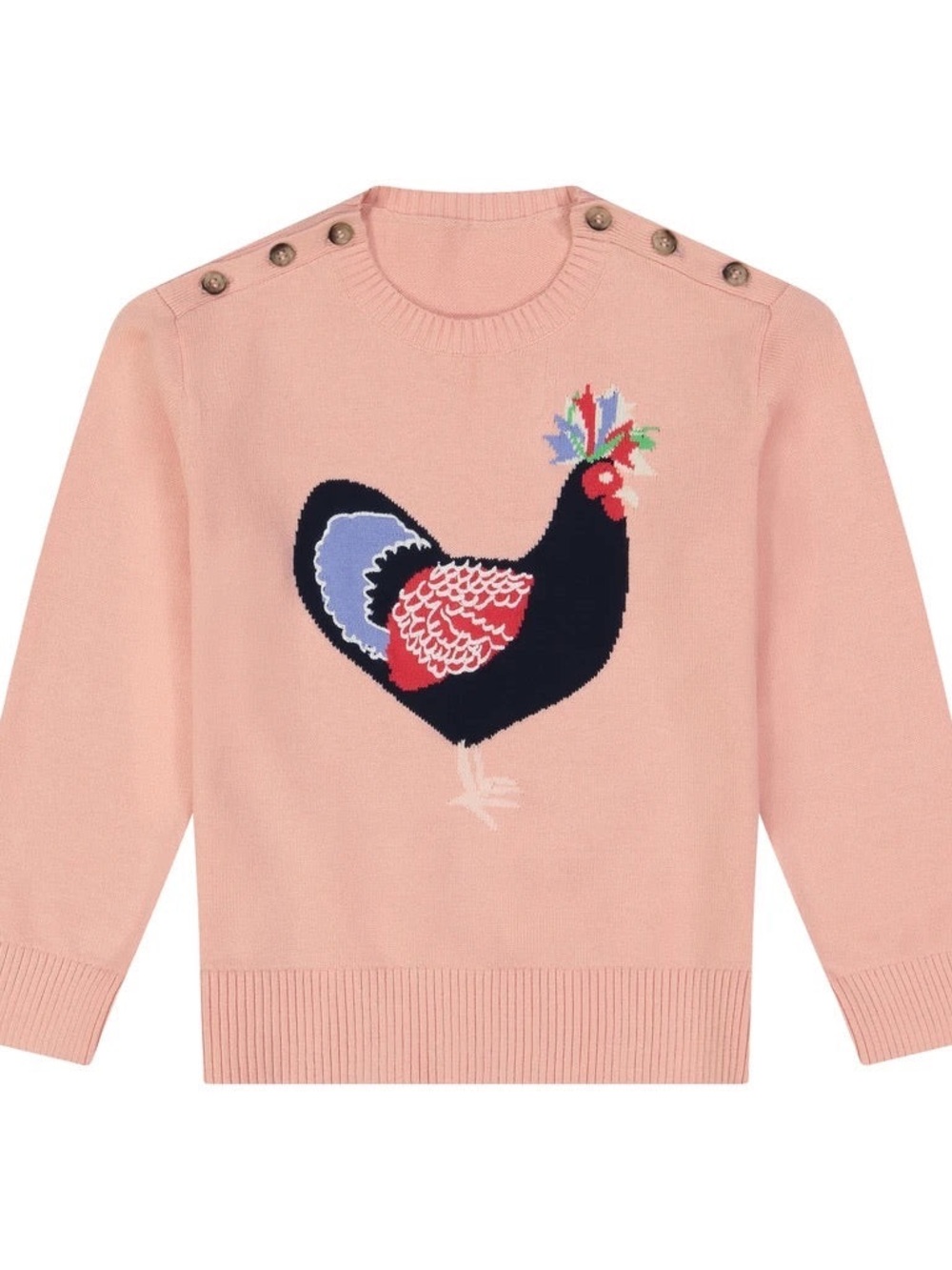 Petit Peony 100% Cotton Chicken Intarsia Sweater Pink Button Shoulder | Size 14Y
